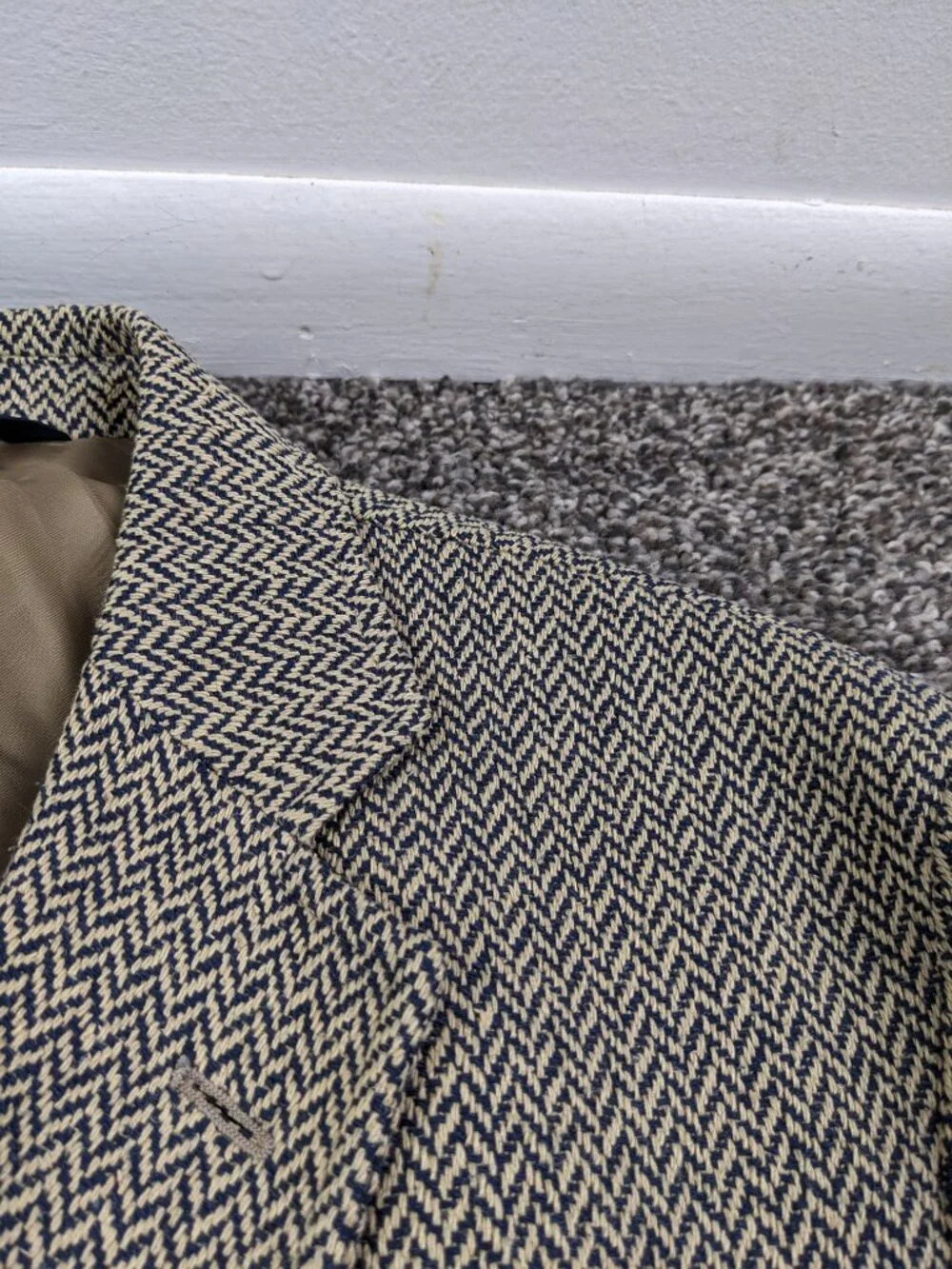 Polo Ralph Lauren Blazer Sport Coat Tweed Silk Tan Blue Herringbone 44L Italy